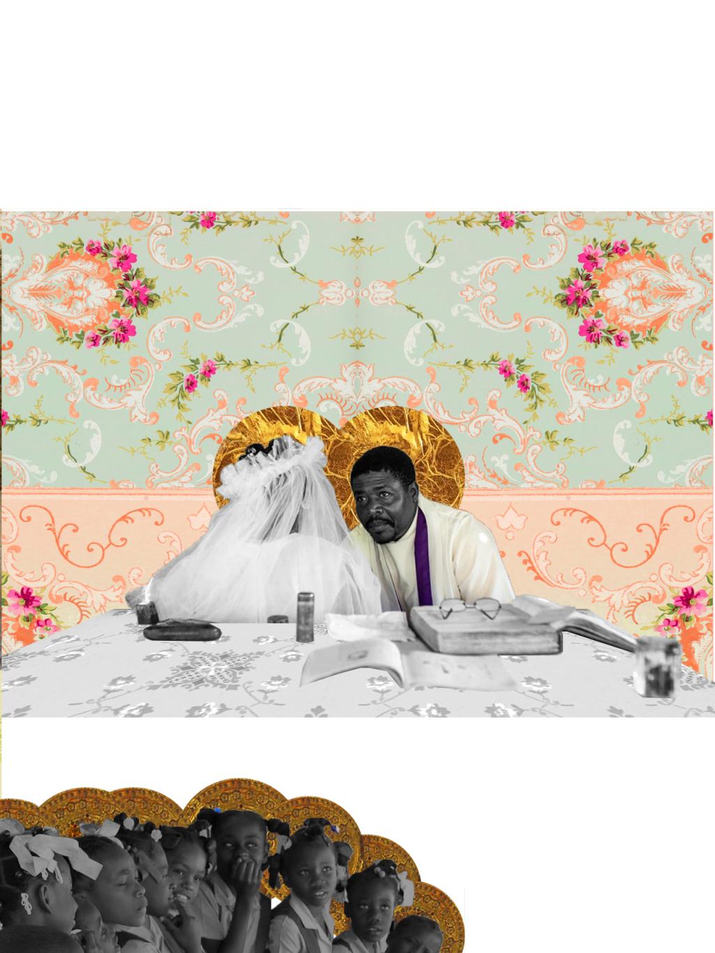 A black couple in wedding attire, with abstract images around them. A group of black school girls is below them.
