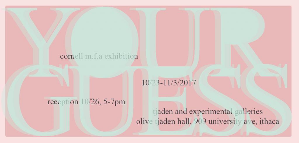 Poster of Your Guess exhibition in 3D lettering over a pink background.