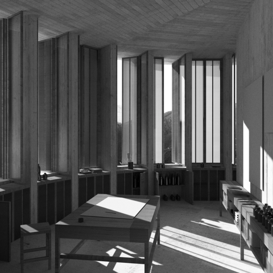 A table and stool next to a book case with black ceramic pots on top in a room with windows.