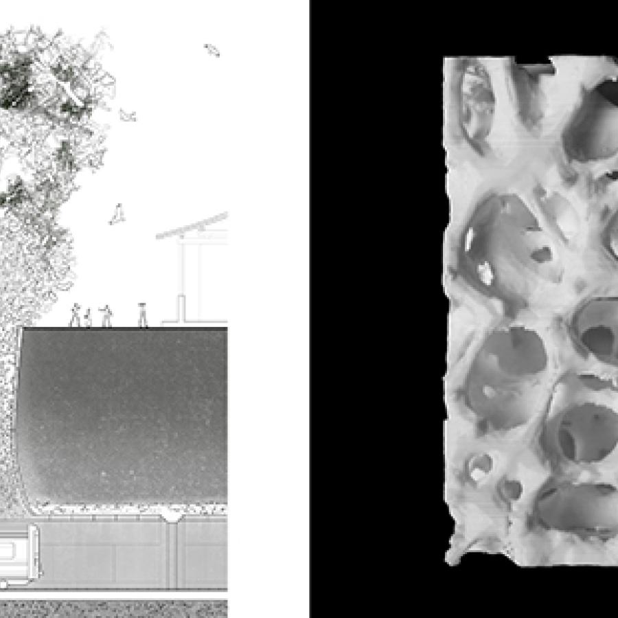 LEFT: drawing of people and birds above a subway train with mushroom cloud-like shape. RIGHT: cubed model with holes