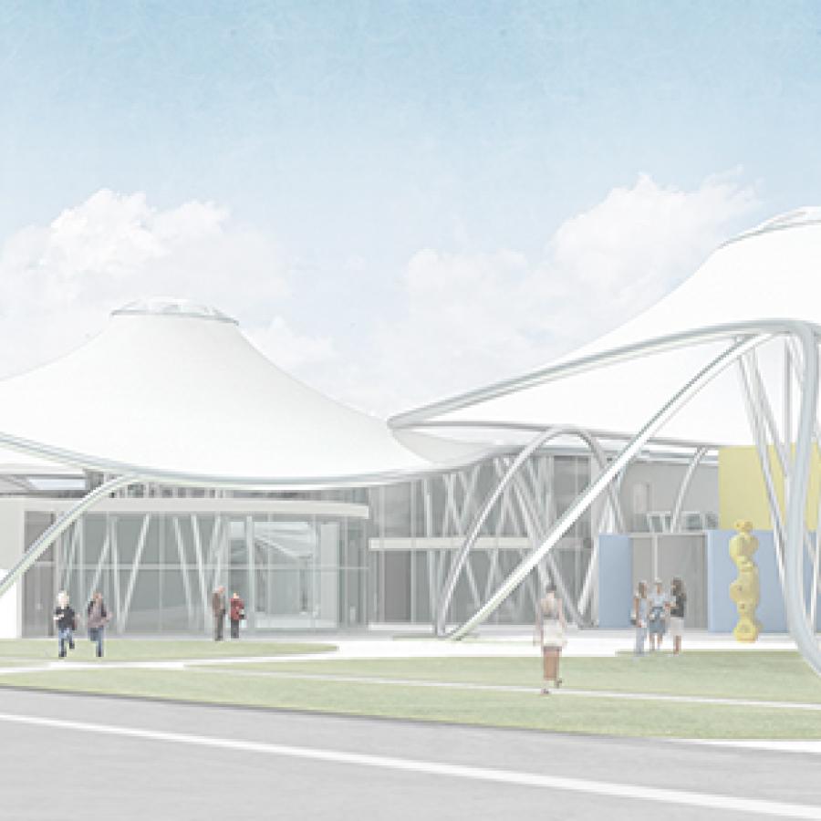 Rendering of white canopied structure