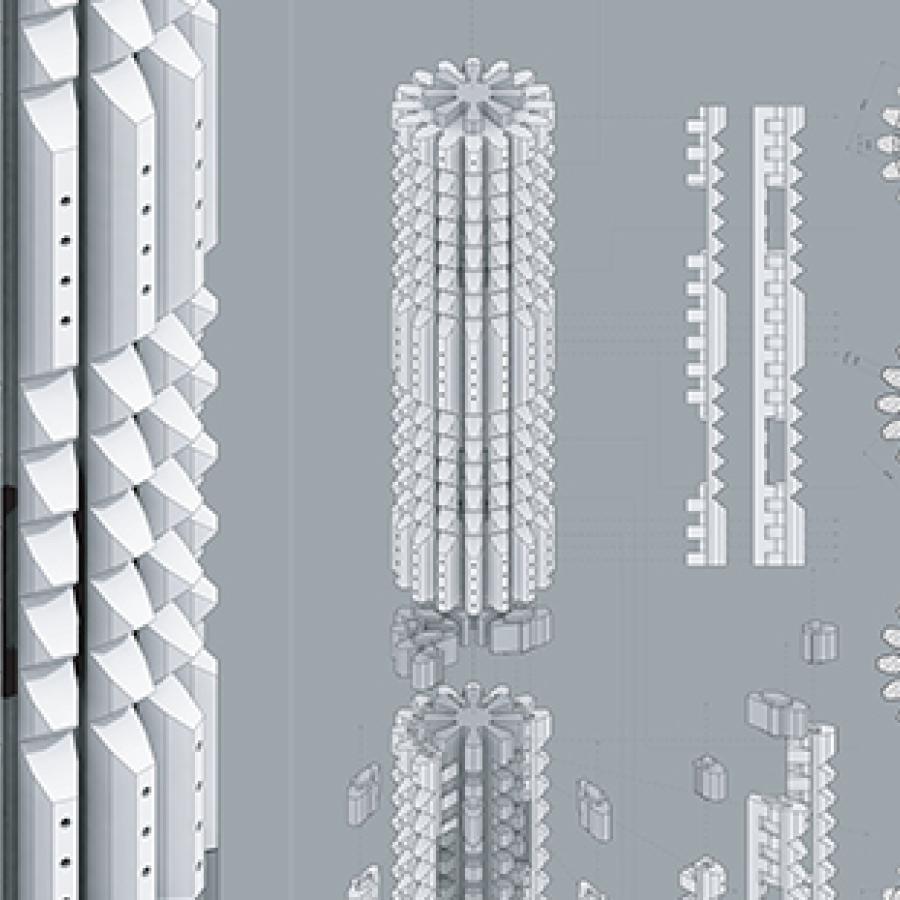 Composition of render, axon drawings, and sections of column on gray background.