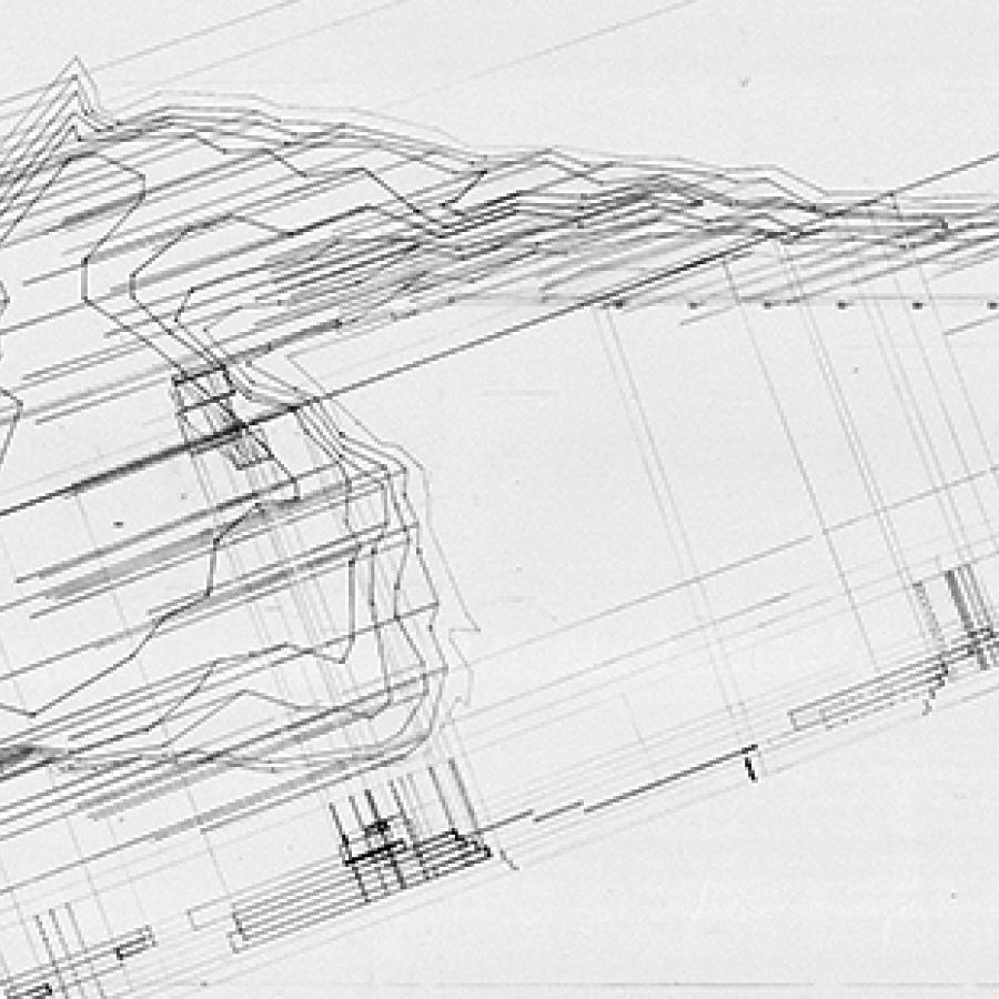 Composite drawing of plan with construction lines to corresponding cross-sections.