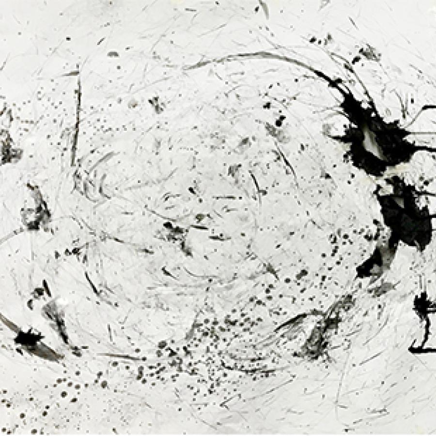 Photograph of drawing generated by drawing machine with charcoal and ink-blot markings.