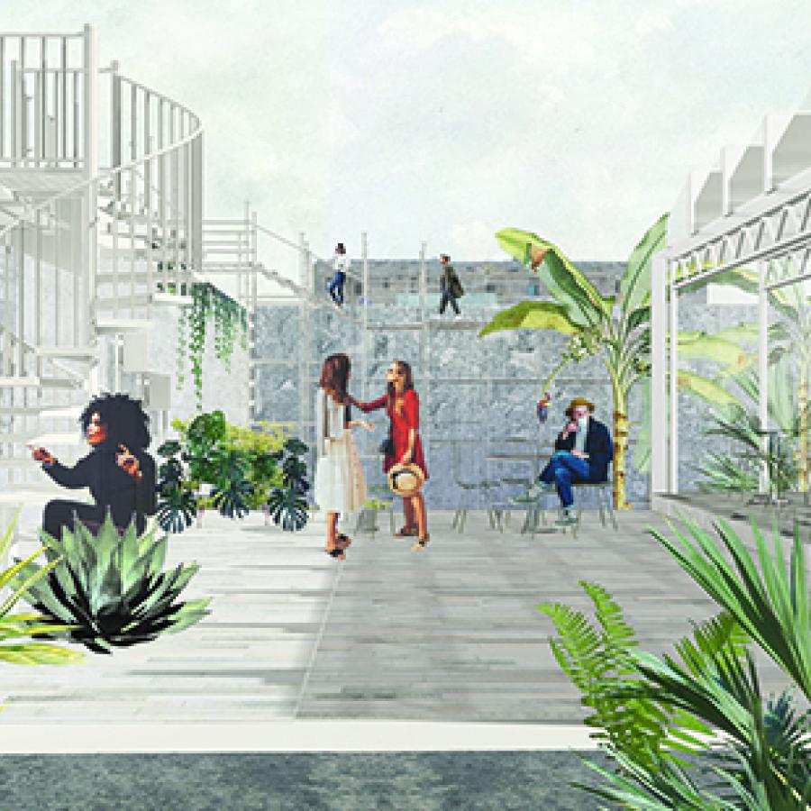 Rendering with collaged textures, vegetation, human figures, and background buildings showing spaces on the ground floor being used as public spaces, restaurants, and with stairs leading up to rooftops used for cultivation.