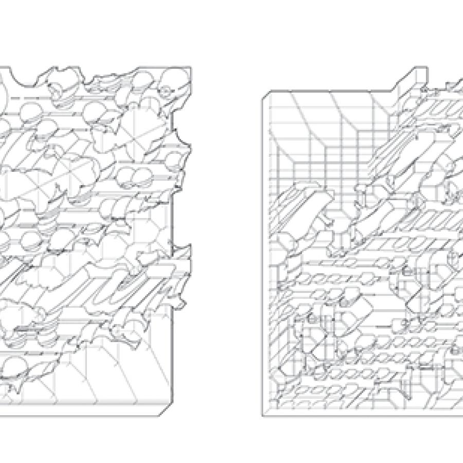 Two axonometric drawings showing curved, cliff and butte-like topologies rising up from a grid on a square slab.
