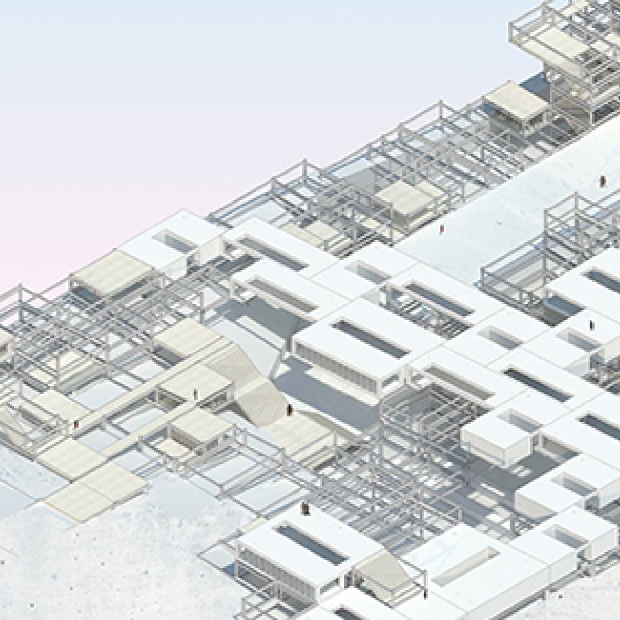 Axonometric rendered aerial view showing wooden surface, metal latticework, and white volumes and massing.