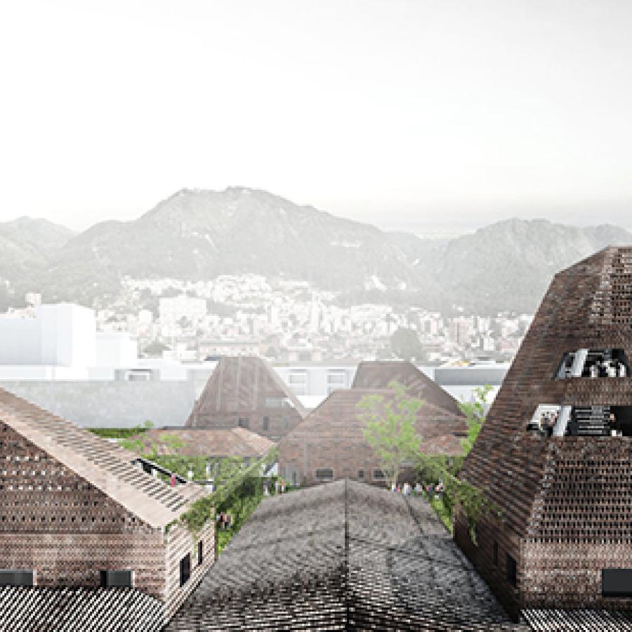 Exterior render from the point of view of the roofscape showing the proposed brick volumes rising out and melding with the topology of roofscapes on site with the mountains of Bogota in the background.