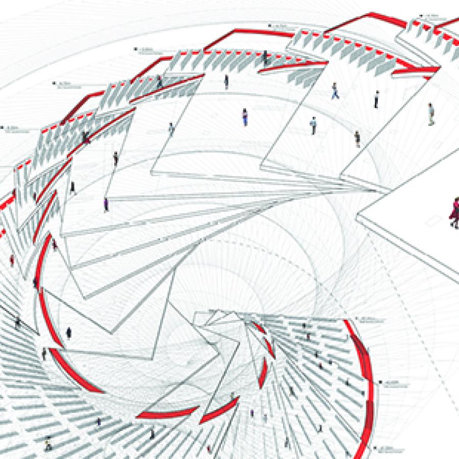 Diagrammatic and conceptual drawing showing a spiral composed of several layered and fanned out planes, with a red band showing circulation from plane to plane.
