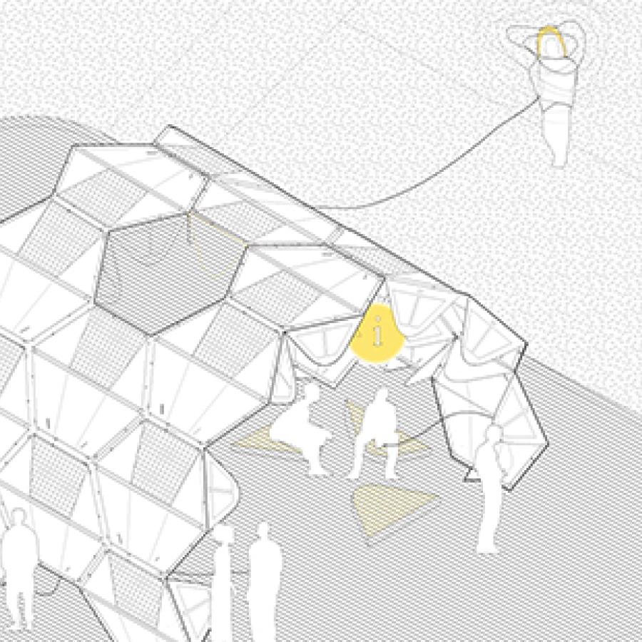 Axonometric drawing showing agglomeration of modules to build a shelter in the form of an arch with human figures populating the drawing.