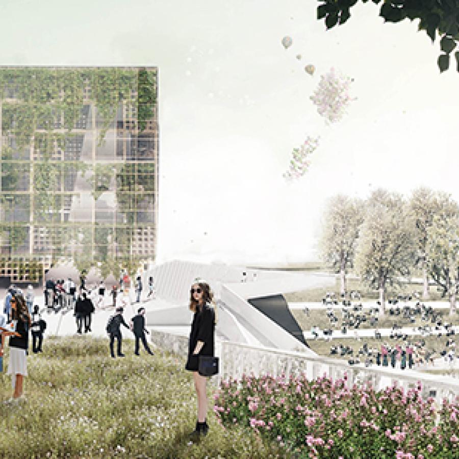 Render showing cube-shaped project in background with lawn populated by people and flowers in the foreground and buildings on the right-hand side.