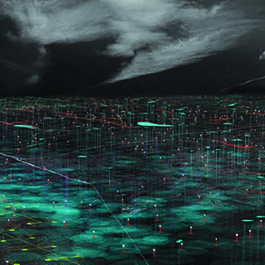 Dark render image of cultivation fields, almost black, with green, glowing elements, markings, and points.