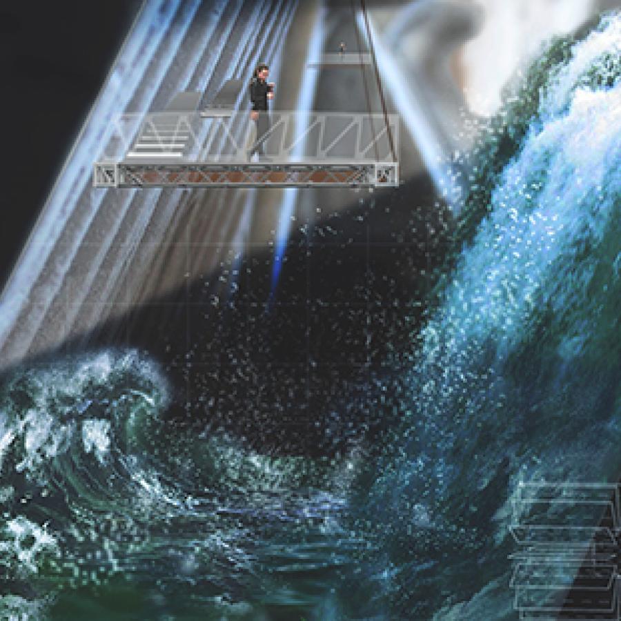 Render collage in section showing water and light rushing into a sunken space with walkways suspended above the water within it.