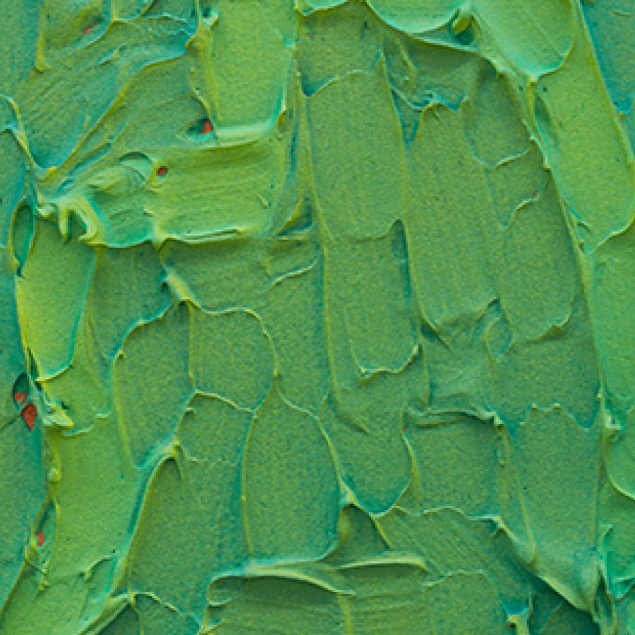 Close-up color photo of a canvas with 2d orange background covered in 3d textured green paint in an abstract shape.