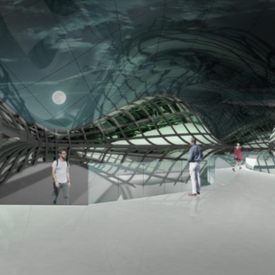 Rendering showing people inside a building made of multiple panels with a night sky outside
