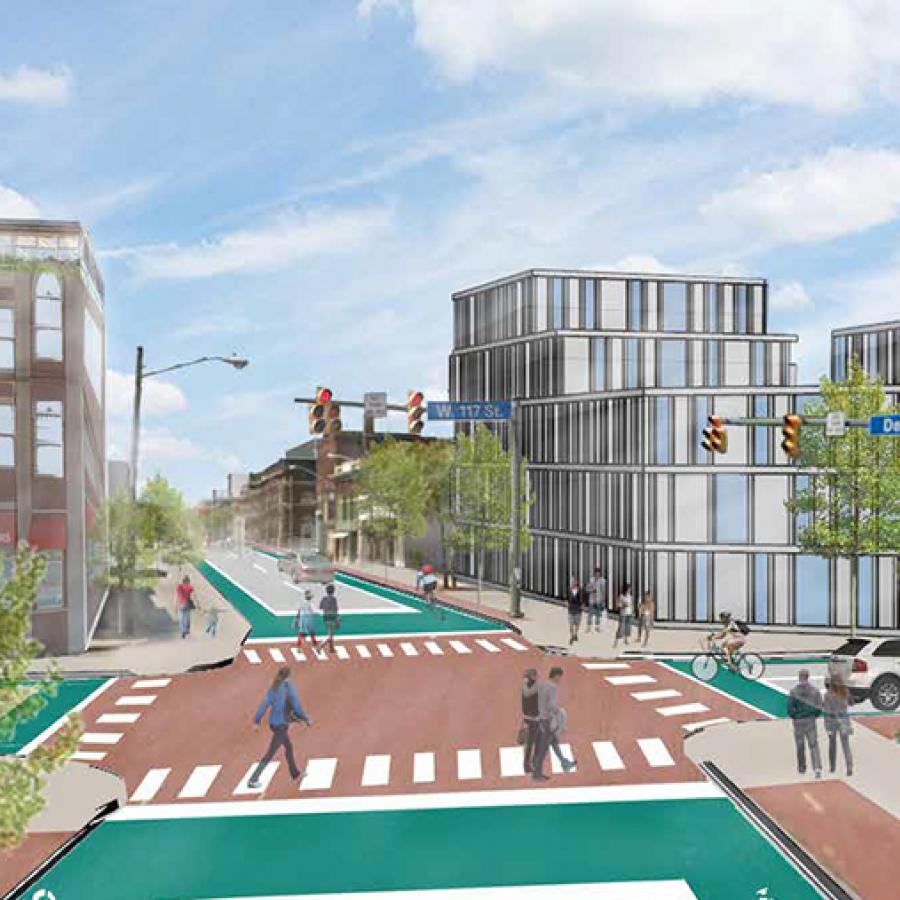 City scene with people crossing a crosswalk and walking along the street. 