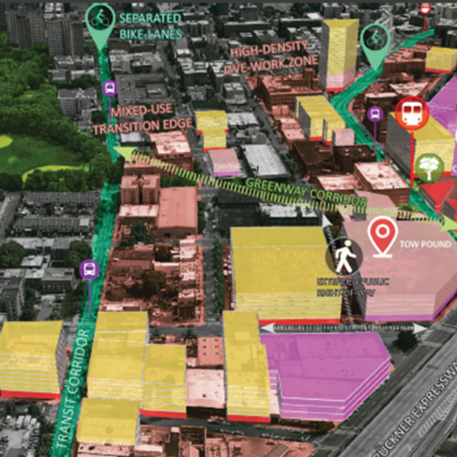 aerial diagram with color coded building massings