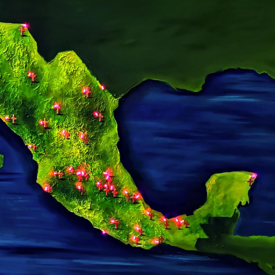 Painting of Mexico with dark blue water and bright green land with small lit red crosses spread across it.