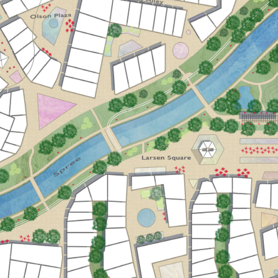 aerial drawing with buildings and green space and river.