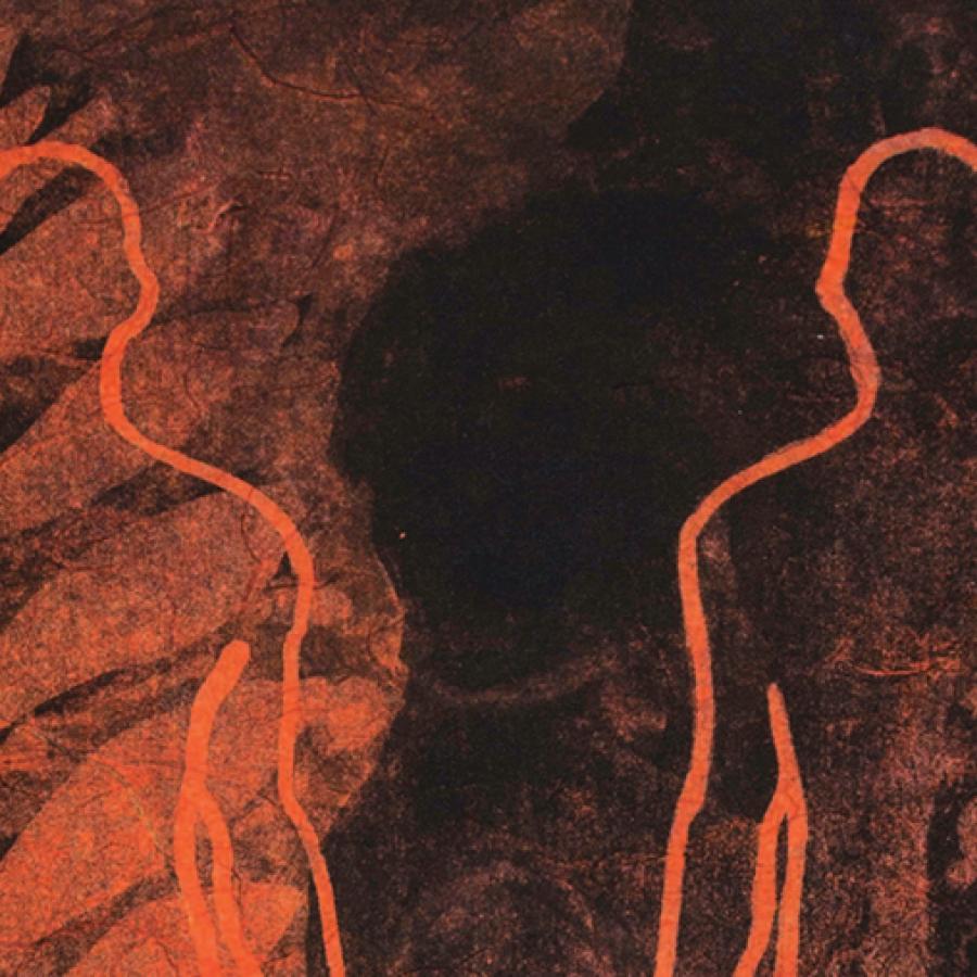 Black and orange print of two human figures outlined against faded plants in the background.