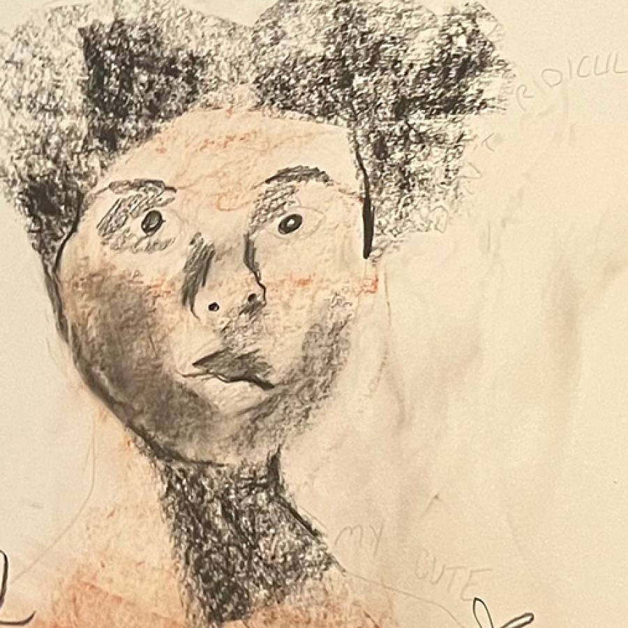 A charcoal drawing of a person with feminine features and Afro-textured hair pulled up into two buns.