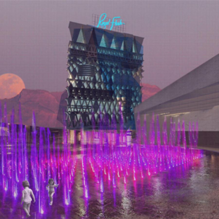 rendering of outside of tall building with neon pink structures in front and a moon in the background