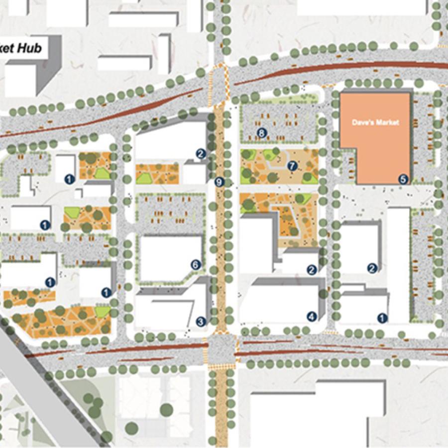 street lined site plan showing proposed buildings and uses