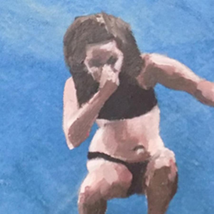 Painting of a person with shoulder length brown hair in a black bikini holding their nose while apparently jumping into water on a blue background. 