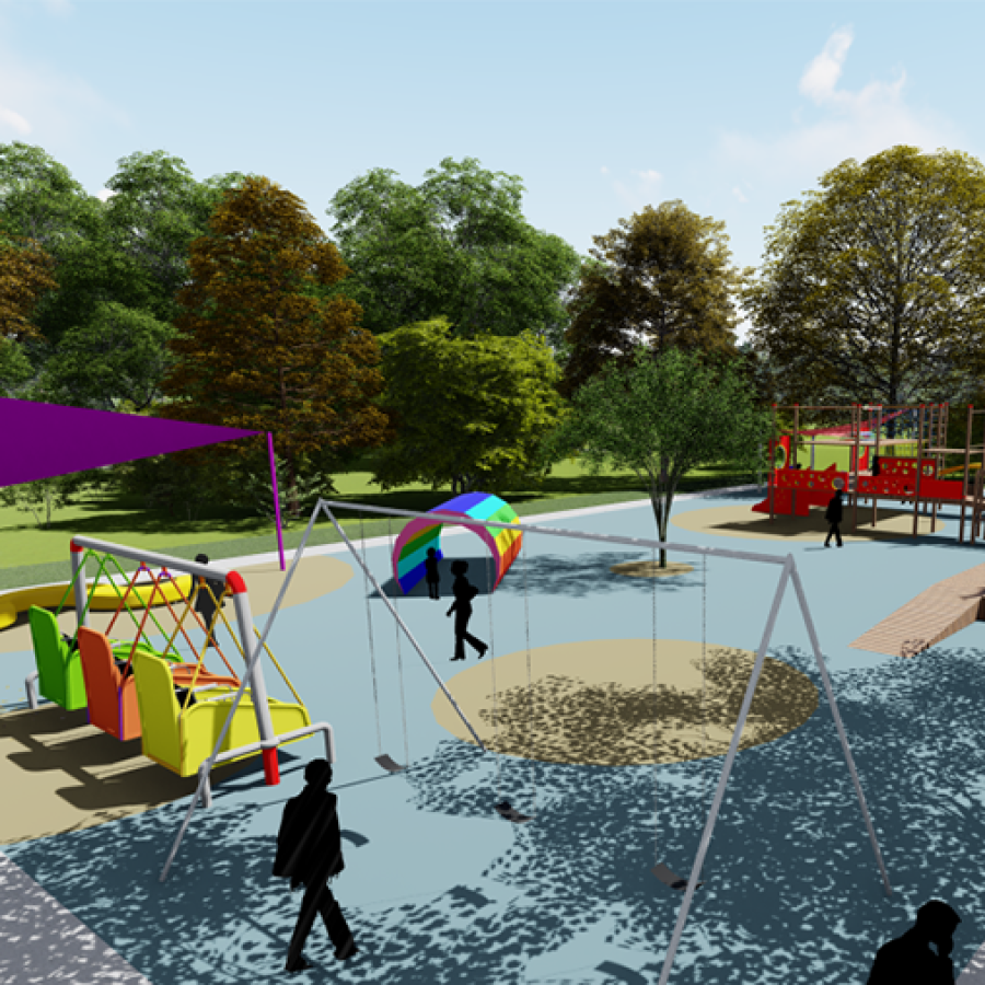 digital rendering of playground with trees in background