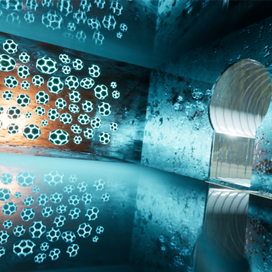 graphic rendering of room with water reflection and blue spheres over sunset