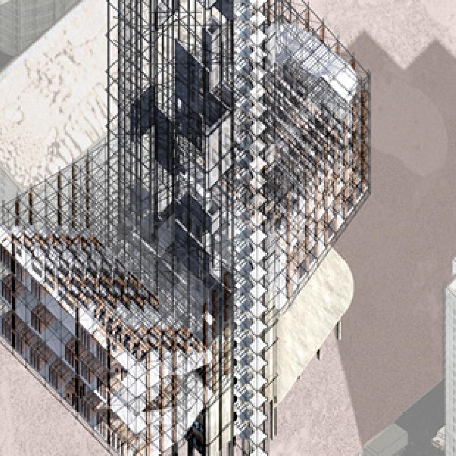 rendering of tall vertical building during construction phase