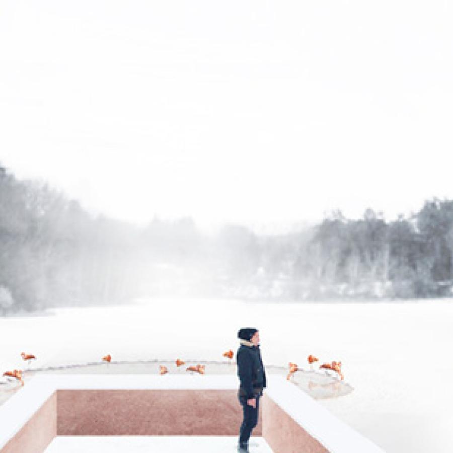Rendering of figure standing in a sunken square foundation in a wooded outdoor site. 