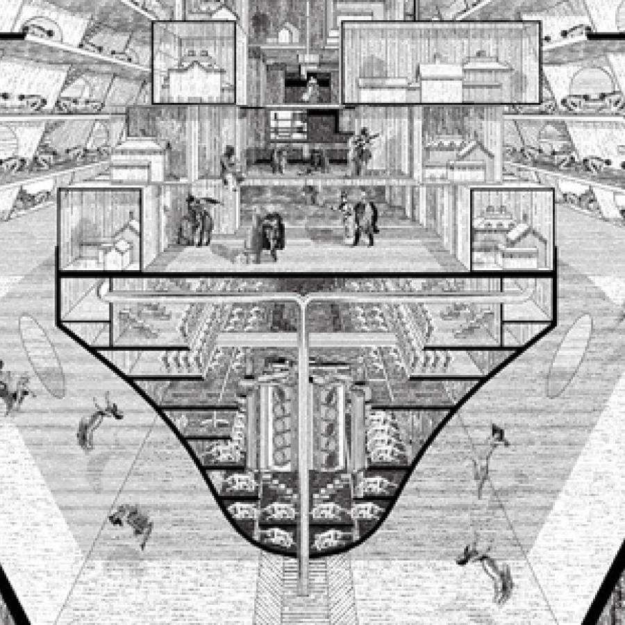 Illustration showing the interior environment of multi-levelled structure. 
