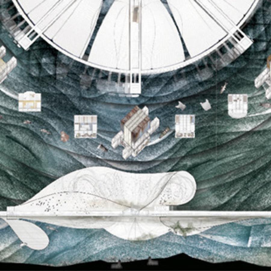 Illustration of a figure lying on a bench with figures and a dial above.