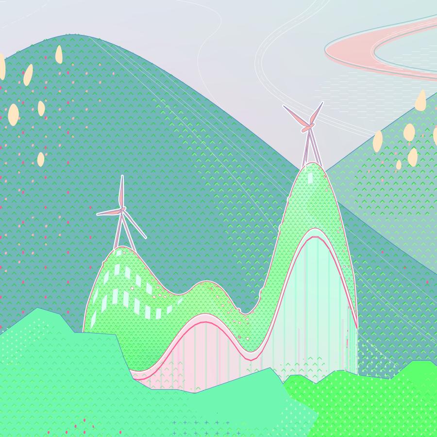 Mountain shape building with windmills with mountains in the background.