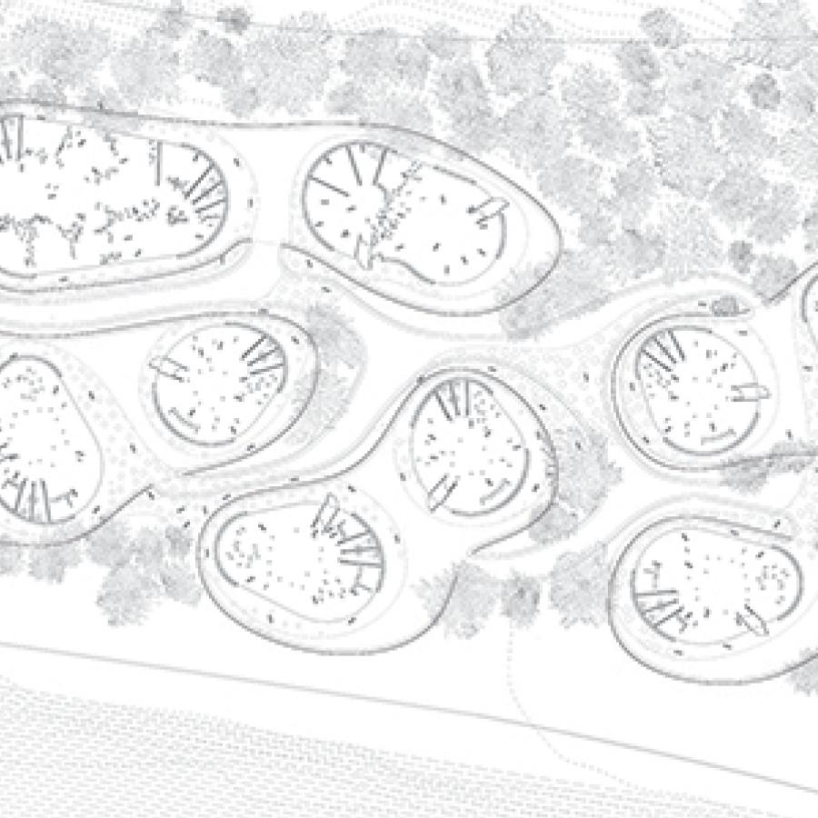 Plan of preschool showing a series of five bubbles distributed on the site.