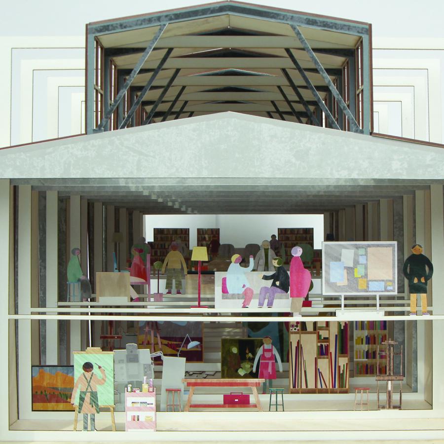 Model showing structure full of little colorful people doing activities.