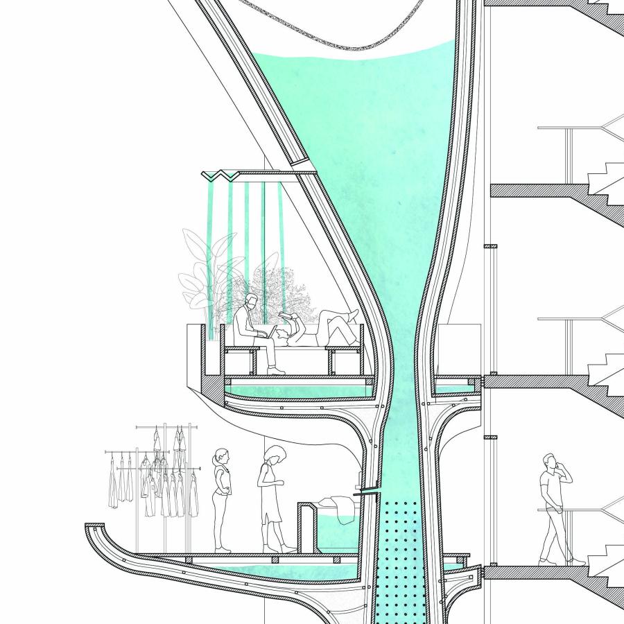 Section showing people taking advantage of the water tank by showering and doing laundry.