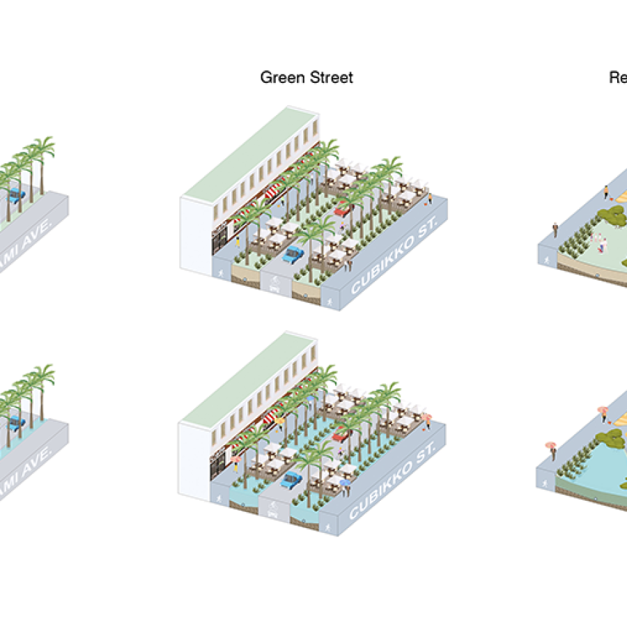 six diagrams of streets with green and gray shapes