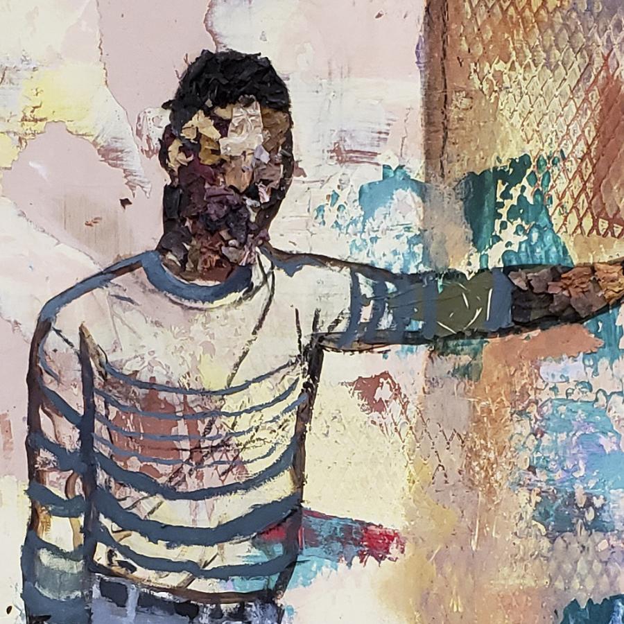 Painting of two people with short hair looking at each other roughly painted with different colors.