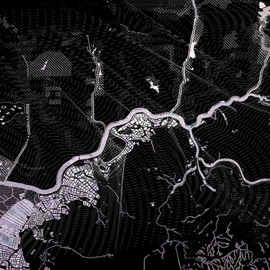map diagram in black backdrop and purple hatching