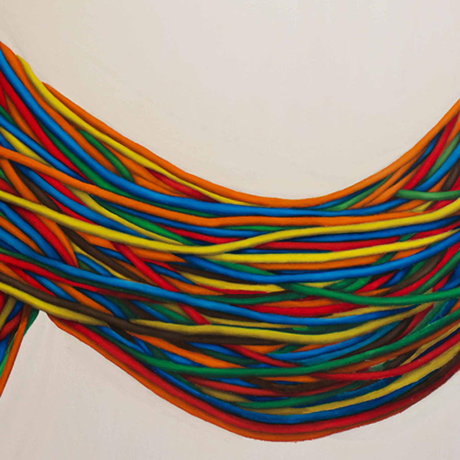 Painting of red, yellow, orange, blue, green colored strings clustered together draped down a blank background.