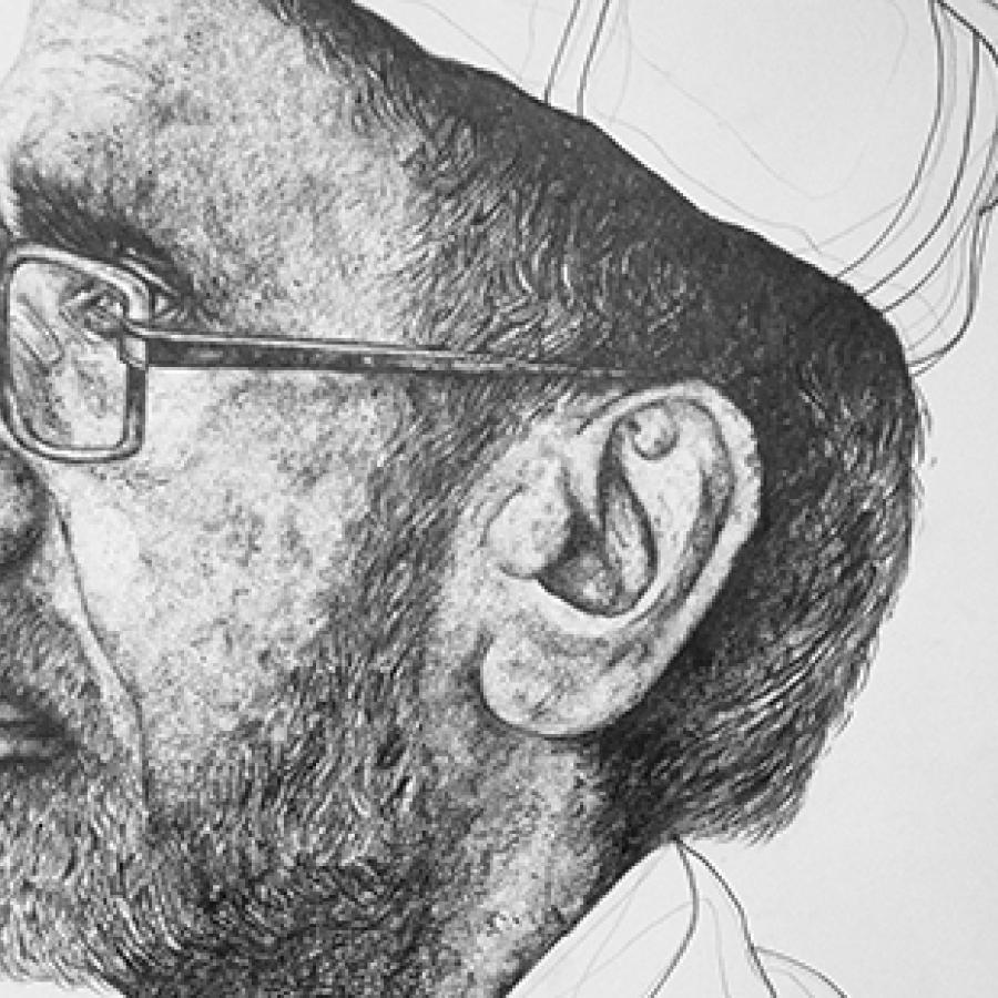 Black and white profile sketch of a bearded man looking to the viewer's left wearing glasses and a turban.