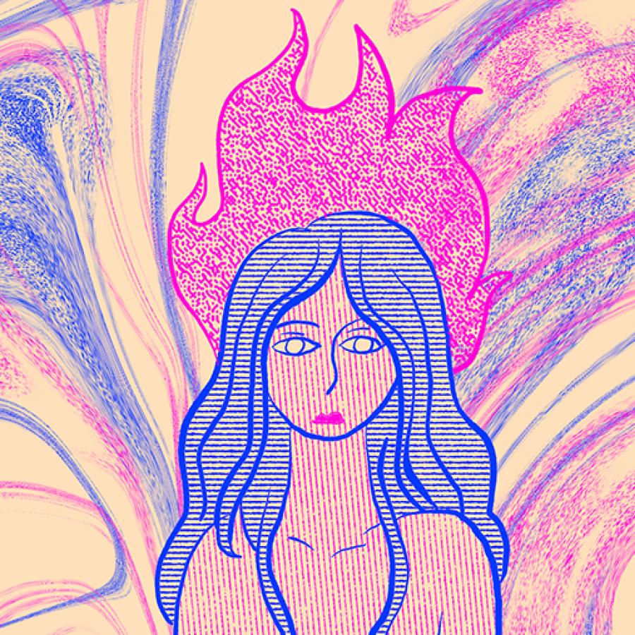 Pink and blue print of a woman with blue hair with pink flames on top of her head with a pink and blue swirled background.