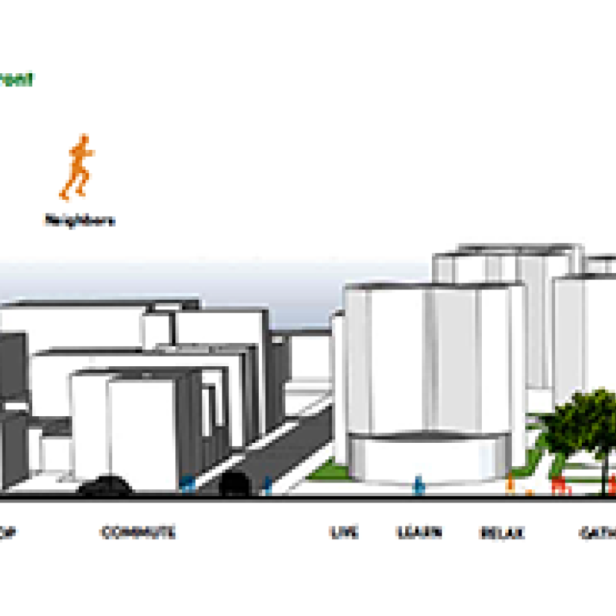a building diagram with red, blue, and yellow people and trees