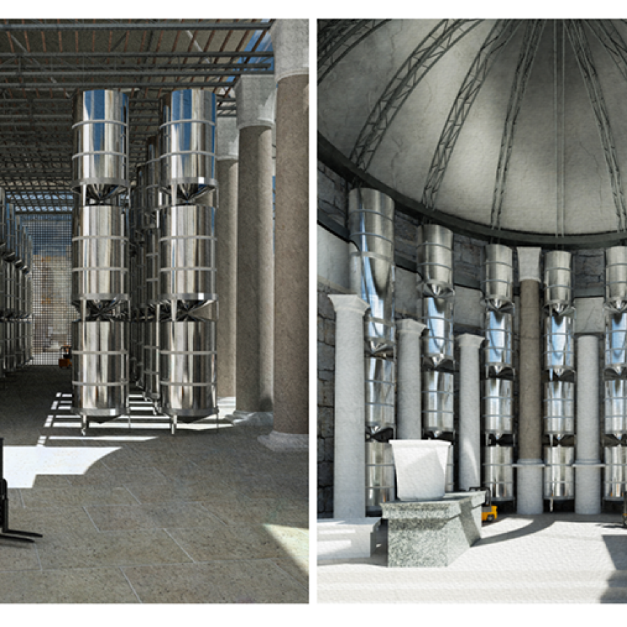 Digital rendering of an architectural structures interior.