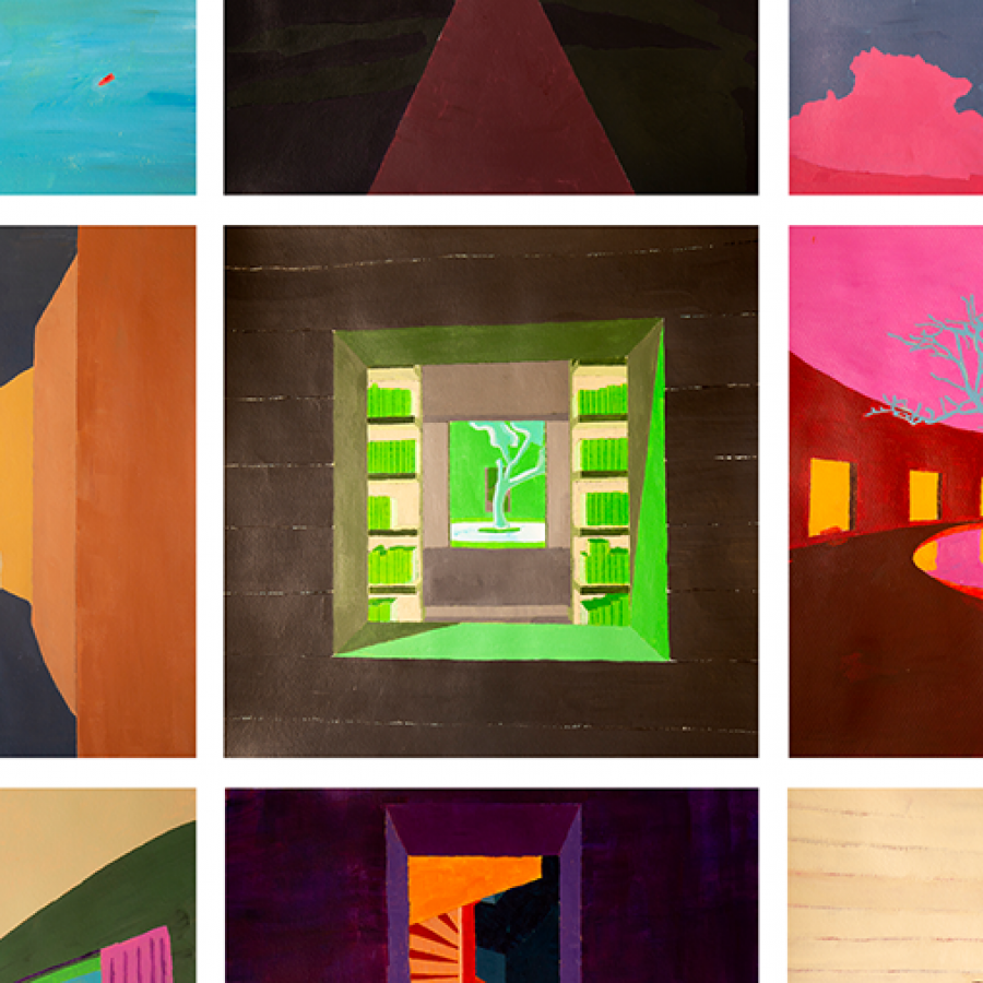 A series of nine colorful and abstracted paintings of buildings. 