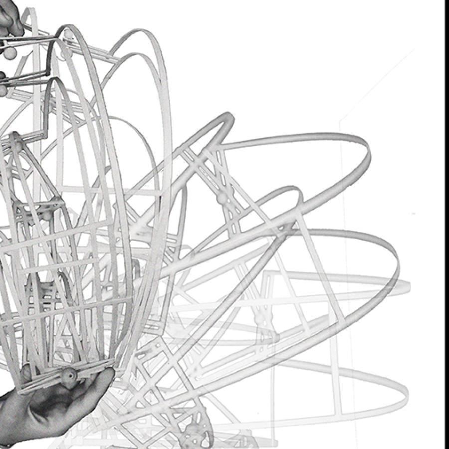 Digital rendering of an architectural structure in motion.