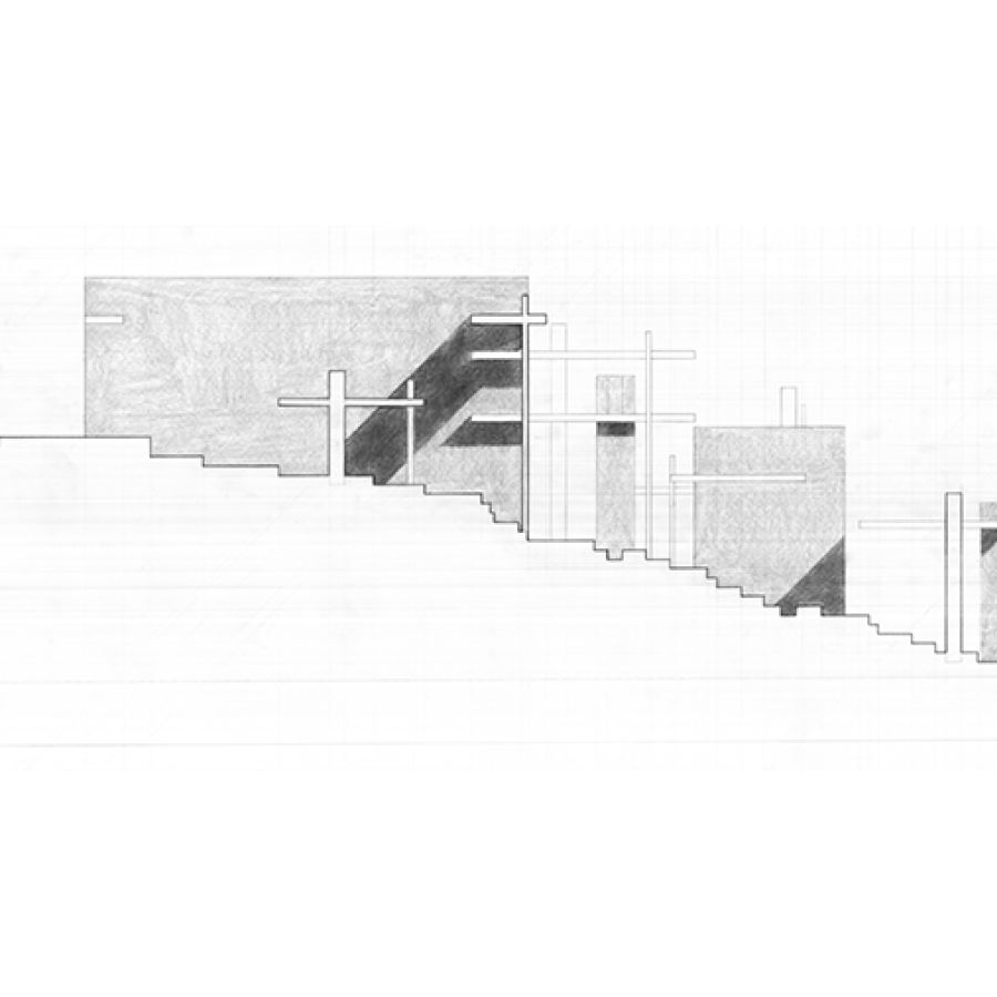 Graphite drawing of an architectural structures cross section. 