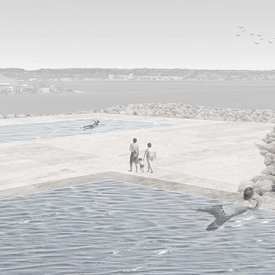 Digital rendering of an outdoor architectural structure surrounded by water. 